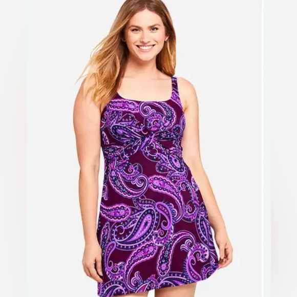 Lands' End Purple Mulberry Paisley Wired Cups Adjustable Straps Clean Swim Dress - Picture 1 of 12